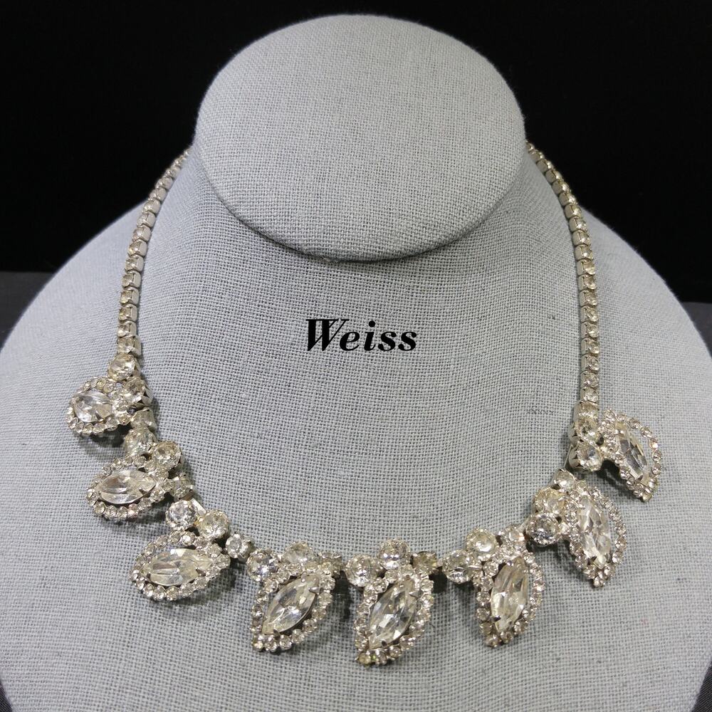 Weiss Wedding Clear Rhinestone Necklace, Rhodium Plated, 1950s Vintage Jewelry